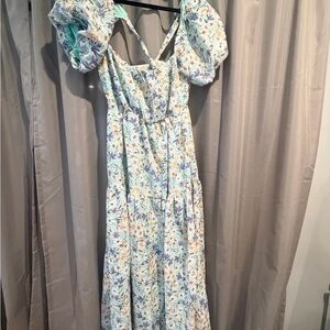 ASTR Floral Puff-Sleeve Maxi Dress in Light Blue